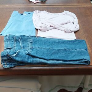 Garage Blue Straight Leg Jeans and Two Cropped Tops in Pink and Blue...EUC.